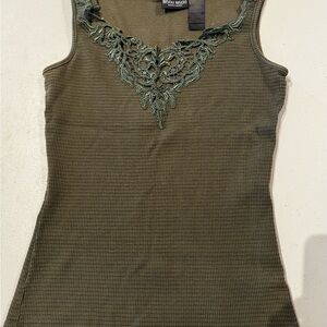 Olive Green Sleeveless Top with Lace Detail